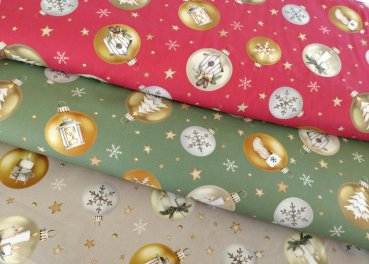 Preview: Weihnachtskugeln Weihnachtsstoff ecru Baumwolle Webware Meterware Preview: moderne Weihnachtsstoffe auf leichter Popeline mit edlen Weihnachtskugeln